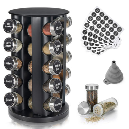 Tianifa Black Countertop Revolving Spice Rack, Empty 20-Jars Rotating Spice Rack Organizer, Round Carousel Tower, 135 Spice Labels with Funnel Complete Set, for Kitchen Countertop, Cabinet