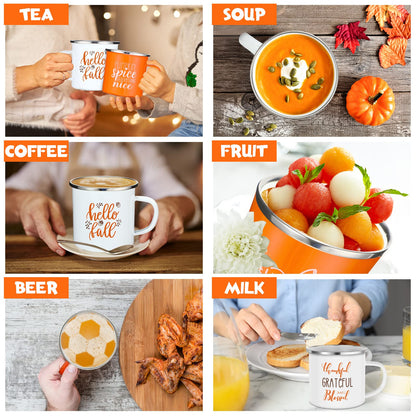 Fall Coffee Mugs 12 oz Thanksgiving Enamel Mug Autumn Coffee Mug Outdoor Camper Mug Hello Fall Pumpkin Spice Give Thanks Sign Camping Tea Cup Decor for Christmas Halloween Party Campfire(24 Pcs)