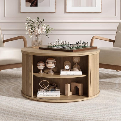 JOINICE 31.5" Round Lift Top Coffee Table,Natural Oak Modern Fluted Drum Center Table with Hidden Storage, Japandi Scandi Wood Circle Desk for Boho Living Room & Apartment