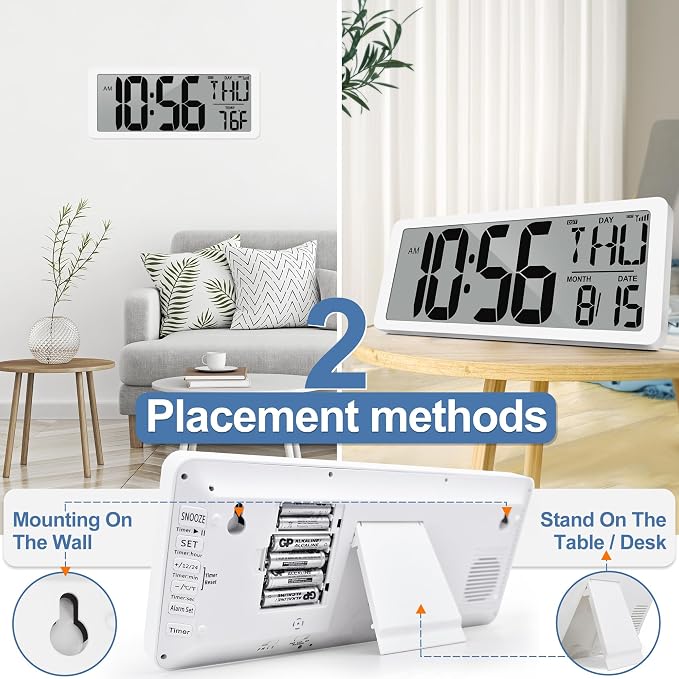 Atomic Clock 14.9" Digital Wall Clock Battery Operated Atomic Wall Clock Large Digital Alarm Clock with Day Date & Temperature for Wall Bedroom Living Room Classroom Home Office