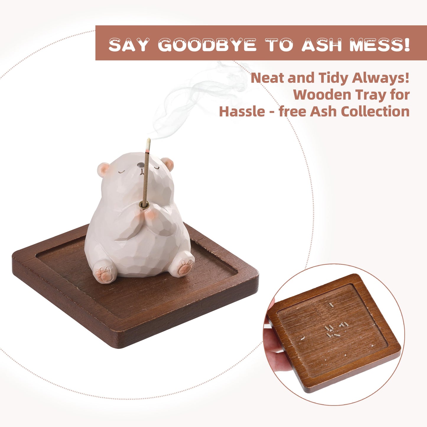 Lionpower Incense Holder for Sticks with Burner & Ash Catcher - Resin Bear, Wooden Tray, 10 Incense Sticks for Meditation Yoga Spa, Cute Home Decor Room Accessories (Bear)