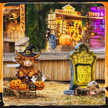 Amyhill Halloween Highland Cow Outdoor Decor Metal Garden Stakes with Pumpkins Bats Yard Signs for Halloween Outdoor Lawn Porch Backyard Holiday Lawn Decorations