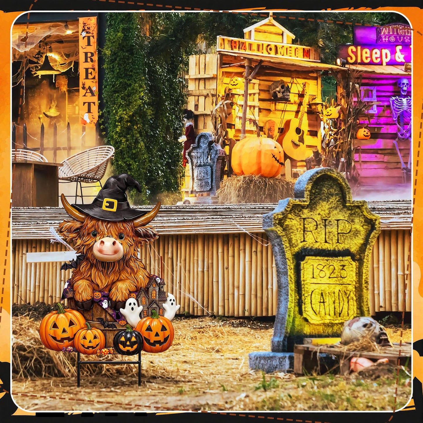 Amyhill Halloween Highland Cow Outdoor Decor Metal Garden Stakes with Pumpkins Bats Yard Signs for Halloween Outdoor Lawn Porch Backyard Holiday Lawn Decorations