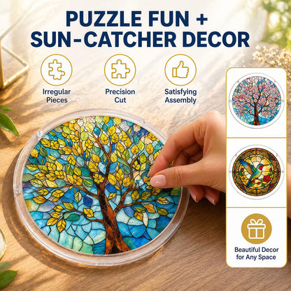 Acrylic Jigsaw Puzzle Suncatcher, Golden Tree Acrylic Puzzle Suncatcher for Adults, DIY Acrylic Jigsaw Art & Puzzle Window Hanging Ornament, Creative Home Decor Ornament with Whimsical Pieces