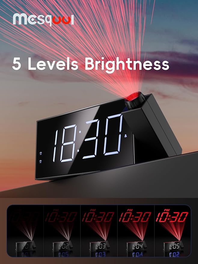 Mesqool Digital Projector Alarm Clocks for Kids Bedroom,Plug-in Clock with 180° Projection on Ceiling Wall,Dual Alarms for Heavy Sleepers,Battery Backup,USB Charging Port,Easy-to-Set,Dimmer,Snooze