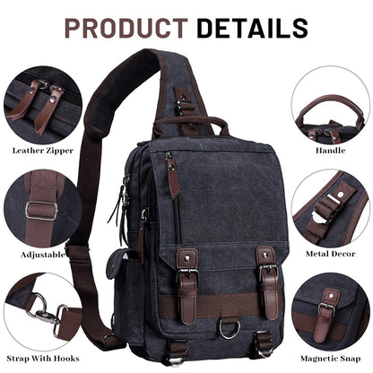 mygreen Crossbody Bag, Canvas Chest Leather Messenger Bag with One Strap Sling for Travel and Hiking (Large, Black)
