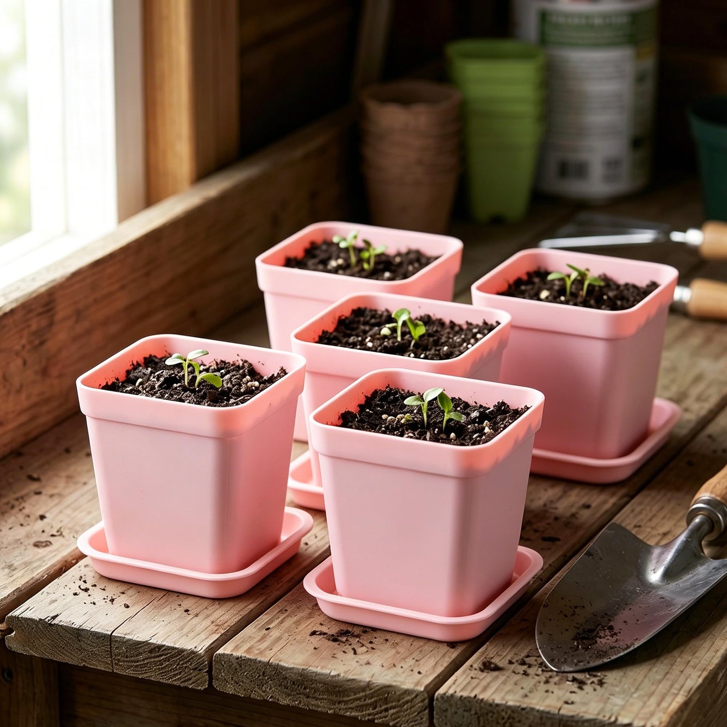 MAHIONG 150PCS 2.8 Inch Square Nursery Plant Pots, Plastic Plant Seedling Pots with Drainage Holes, Pink Plant Seedling Pots for Starting Seedlings or Garden Plant