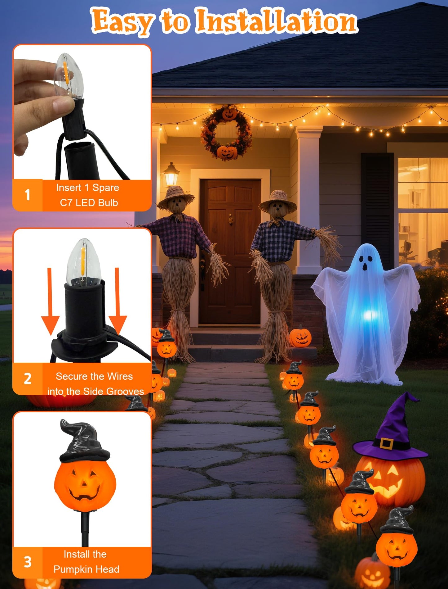 Oviejo Halloween Decorations Outdoor C7 Halloween Pumpkin Pathway Stake Lights, 7Ft Jack-o-Lantern Garden Light with 4 C7 LED Bulbs, Pathway String Lights for Outdoor Garden Walkway Party Lighting
