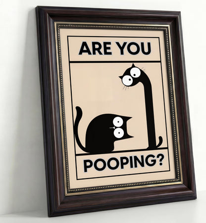 Dark Brown Framed Funny Bathroom Cat Canvas Wall Art Are You Pooping Wall Decor Picture Humor Bathrooms Animal Poster Print Painting for Toilet And Restroom Prepare To Hang