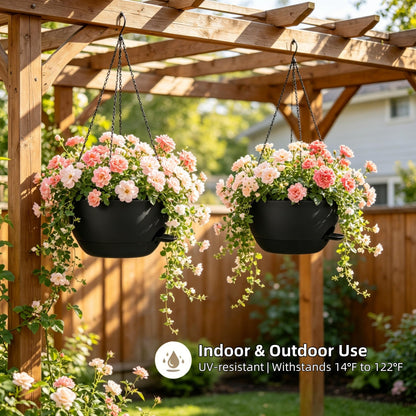 zople 2 Pack 12 Inch Self Watering Hanging Planters for Indoor Plants, Large Black Plastic Hanging Pots with Chains for Outdoor Patio Garden Home Decor Black