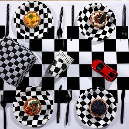 Preboun 12 Pcs Plastic Checkered Table Runner 14 x 108 Inch Racetrack Road Table Runner for Two Fast Car Theme Birthday Racing Party Decor Events Supplies (Black White Checkered)