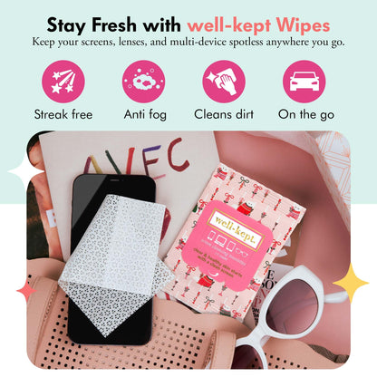 Well-Kept Tech & Lens Wipes - Eyeglass, Screen & Phone Cleaning, Multi-Surface, Lint-Free, Pre Moistened, Streak-Free & Non Scratching - Choupette, 12 Pack (180 Count)