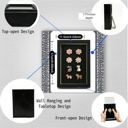 ZAYHENYOO Pin Display Case, Enamel Pin Collection Display with Deep Shadow Box Picture Frame with True Glass or DIY Craft Shadowbox for Shells/Flowers, Hanging or Tabletop Display (Black, 1P 6*8)