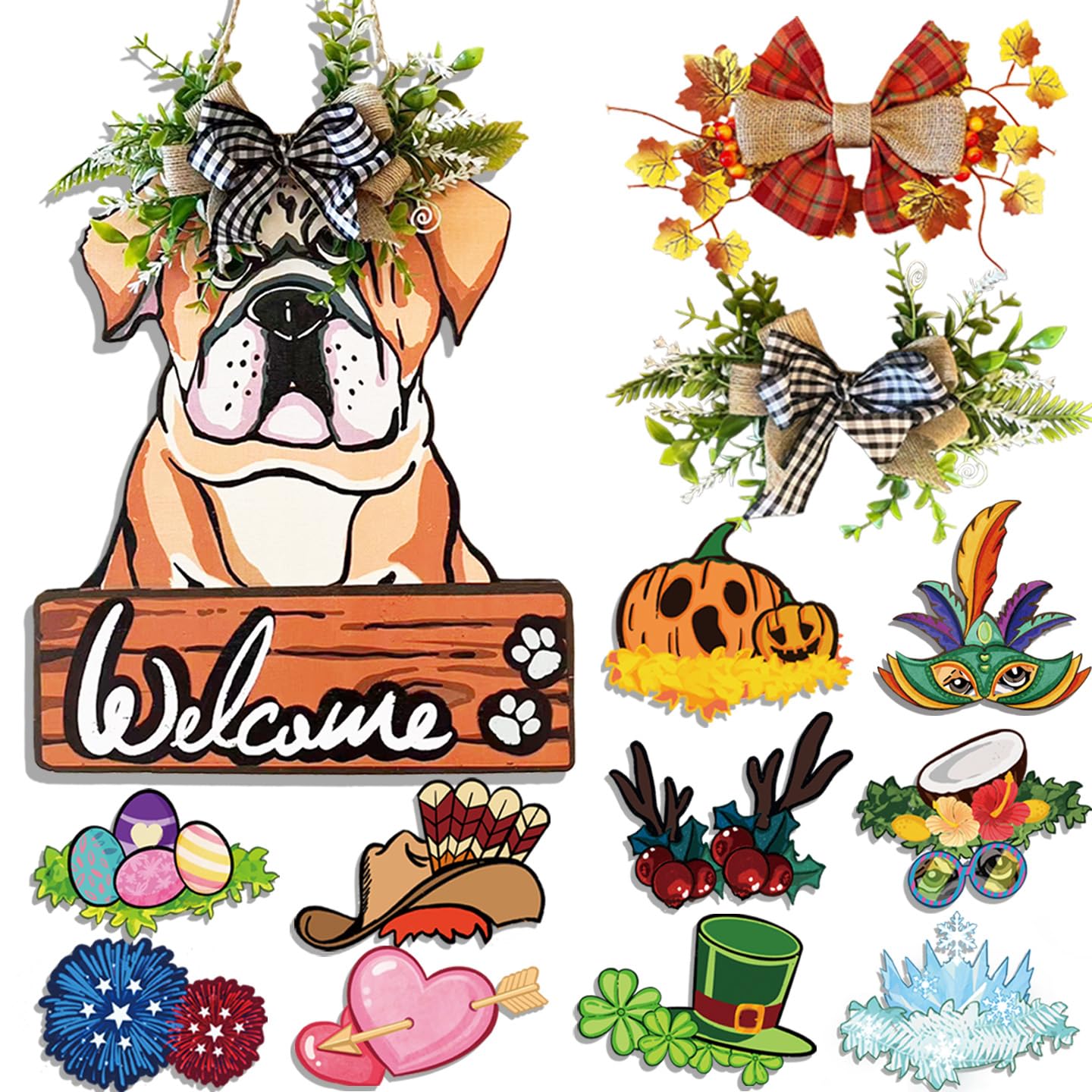FelyHos Interchangeable Bulldog Welcome Sign, Wooden Seasonal Door Hanger with 12 Interchangeable Decorations, Cute Dog Welcome Plaque for Front Door Porch Wall, Holiday Home Decor Gift