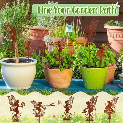 Novabright 5 Pcs Decorative Garden Stakes Metal Fairy Silhouette Set Stakes Outdoor Yard Art Decor Fairy Garden Sign for Lawn Flower Bed Planter Pot Landscaping(Rust)