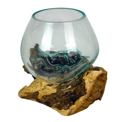 Zeckos Planter Terrarium with Molten Glass Bowl on Driftwood Base, Coastal Wood and Glass Tabletop Planter, 7.5 X 7 X 6 Inch Freestanding Indoor Accent for Succulents or Air Plants