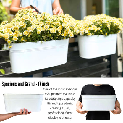 LaLaGreen Planter Boxes for Outdoor (6 Pack, 17 Inch) White Metal Deck Railing Hanging Flower Pots, Large Window Box Plant Holder Hooks Fence Rail Buckets Modern Herb Boho Style Wall Mount Porch Decor