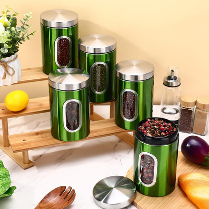 Zopeal 6 Pack Green Canisters Sets For Kitchen 50oz Stainless Steel Kitchen Canisters with Transparent Windows Flour Sugar Container Metal Jar Countertop Set for Coffee Tea Decorative