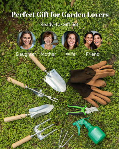 VerdantVibes 9-Piece Garden Tool Set - Heavy Duty Gardening Hand Tools with Ergonomic Non-Slip Grips, Rust-Resistant Shovel, Trowel, Rake, Pruner & Storage Bag - Ideal Gardening Gifts for Women