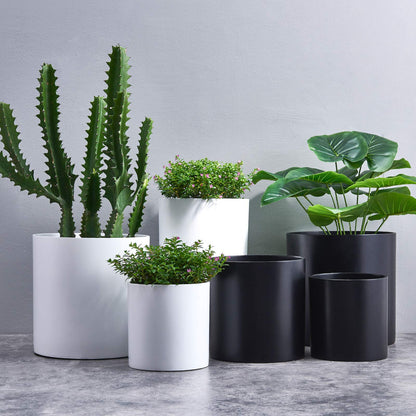 FaithLand 8 Inch Fiberstone Planter - Lightweight Modern Cylinder Plant Pot with Drainage Hole & Plug, Indoor Outdoor Use, Matte White