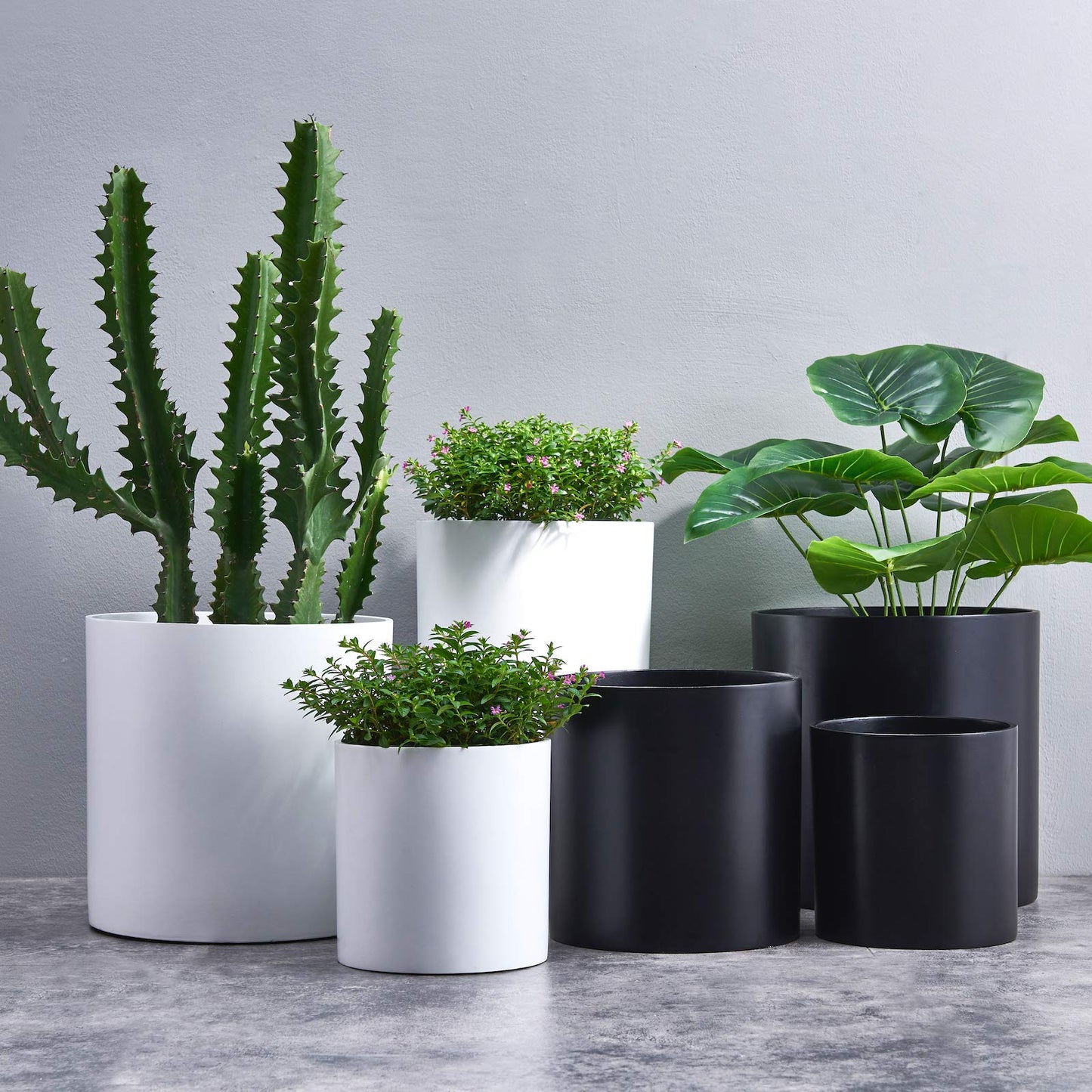 FaithLand 14 Inch Fiberstone Planter - Lightweight Modern Cylinder Plant Pot with Drainage Hole & Plug, Indoor Outdoor Use, Matte Black