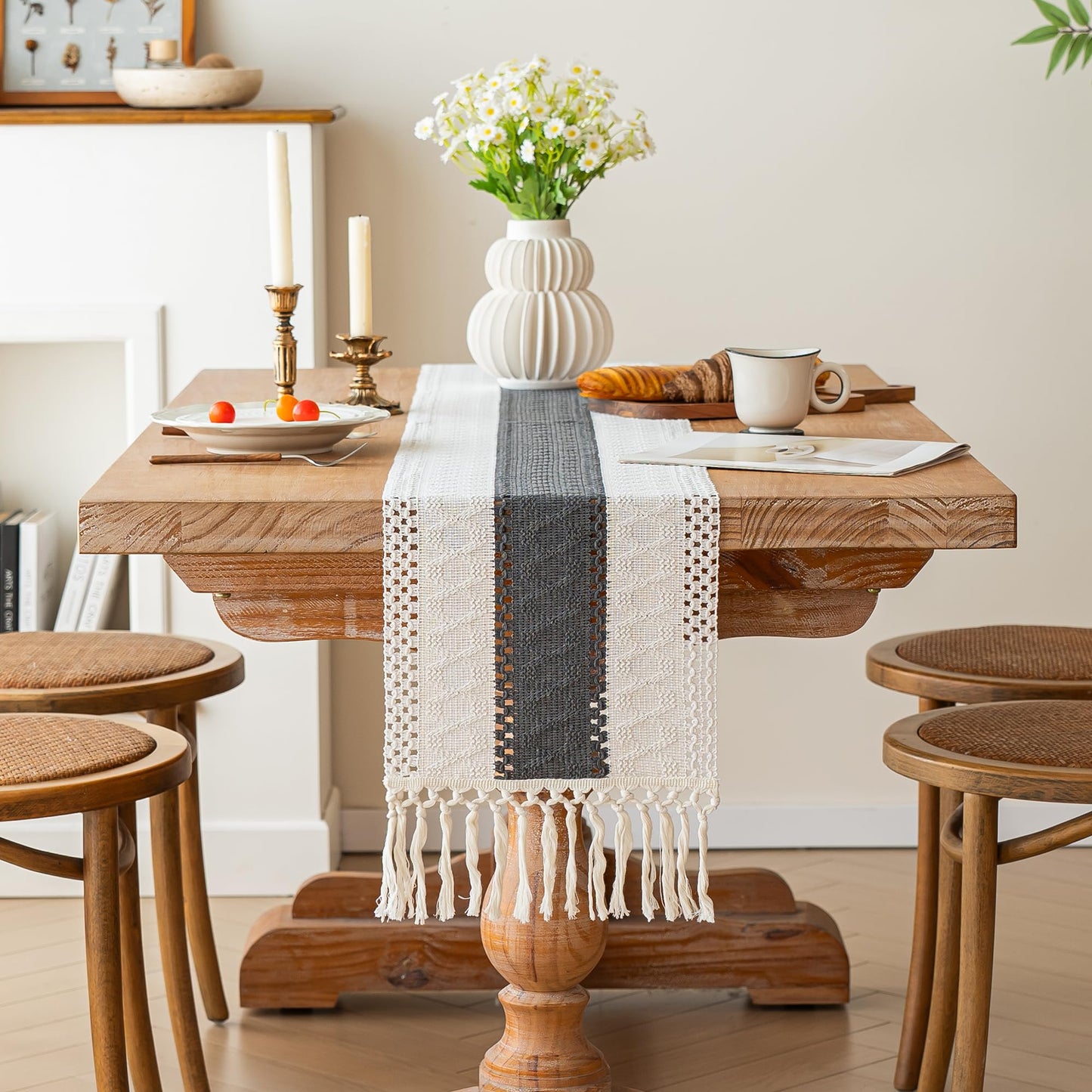 FEXIA Boho Table Runner for Summer Home Decor with Tassels 72 Inches Long Farmhouse Grey Rustic Burlap Table Runner Macrame Table Decoration for Kitchen Bedroom Living Room (12x72 Inches)
