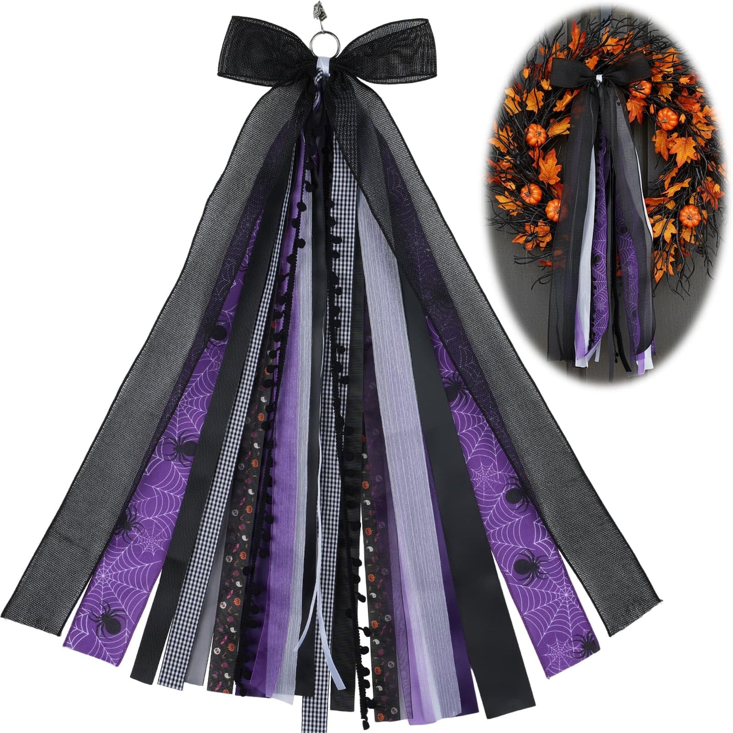YKW Halloween Wreath Bow 27 Inch, Black Purple Spider Web Sash for Front Door Decoration, Large Gothic Ribbon Streamers Indoor Outdoor Wall Hanging