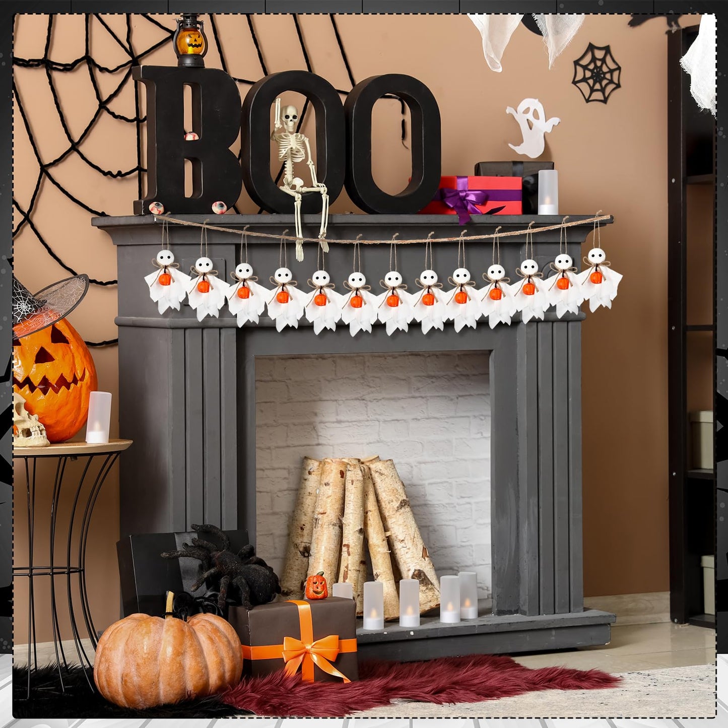 Civaner 24 Pcs Halloween Hanging Ghost Ornaments Mini Ghost Ornaments for Halloween Tree 3 Inch Cute Hanging Farmhouse Rustic Boo with Pumpkin Decorations for Haunted Party Yard Tree Decor