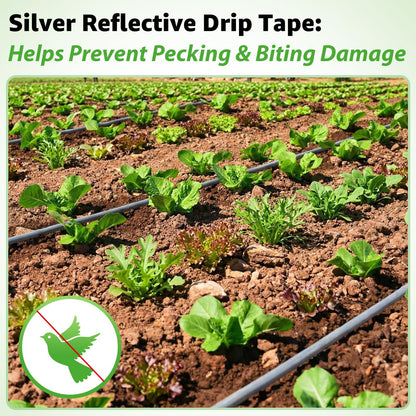 2000FT 5/8" Drip Tape Irrigation, 16 Mil Heavy Duty with 6" Emitter Spacing, Silver Reflective Drip Tape Resistant to Pecking & Biting, Heat-Safe for Seedlings, Ideal for Garden Farm Greenhouse Patio