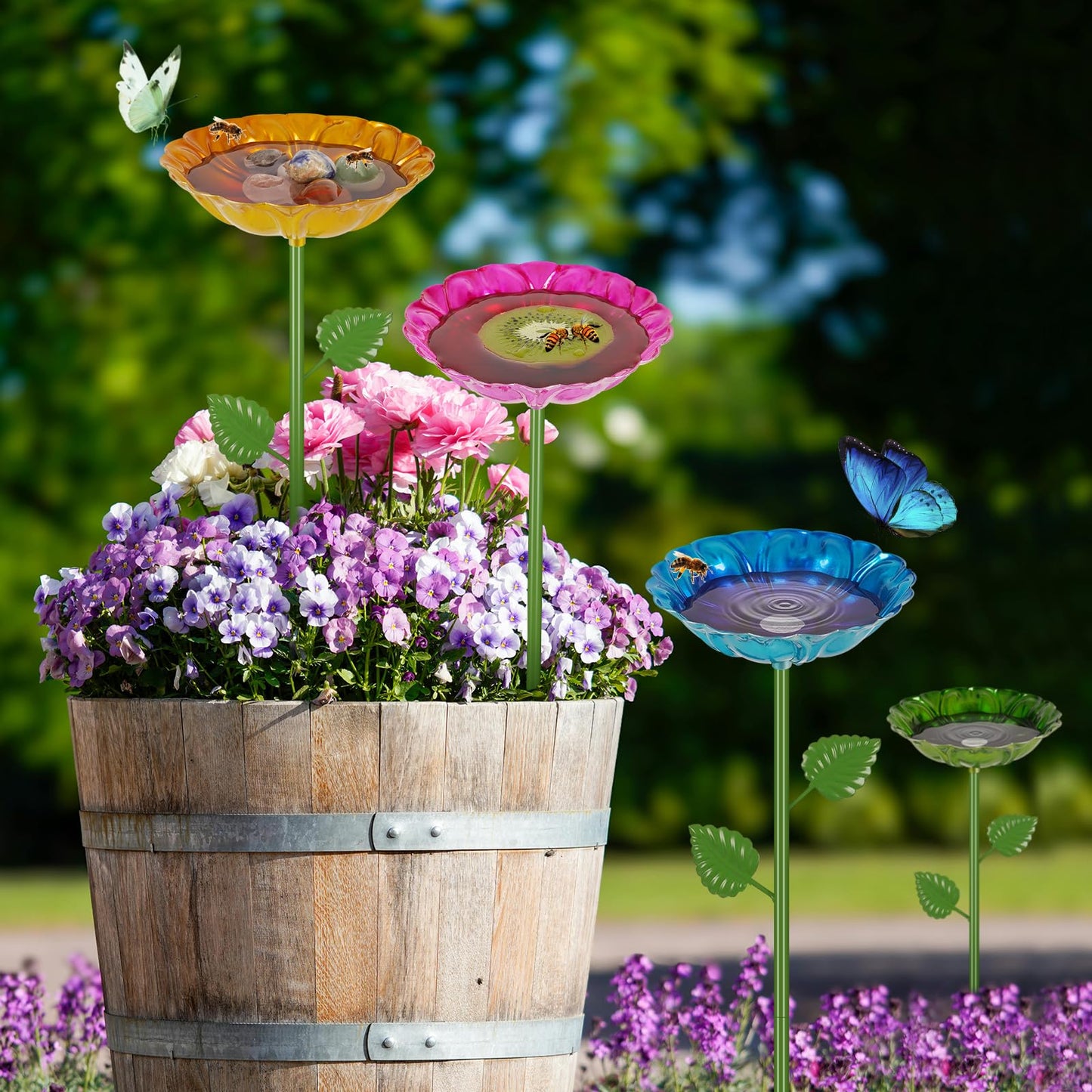 Bee Watering Station | 4 Pack Bee Baths for Garden | Metal Flowers Decorative Garden Stakes | Butterfly Feeder for Outside Garden Yard Decor (Red,Green,Blue,Yellow)