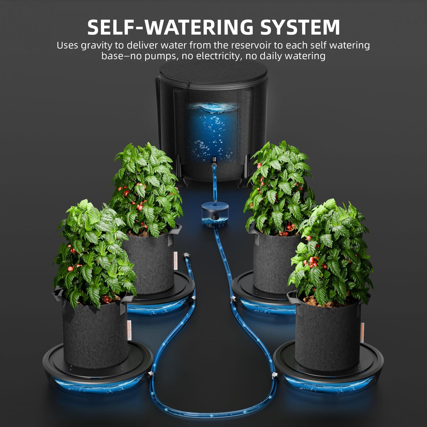 Spider Farmer Gravity-Fed Self-Watering System, 4-Pack Auto Watering System with 13 Gallon Reservoir, 4 Fabric Pot Base for Indoor Plants, Grow Tents, Greenhouses
