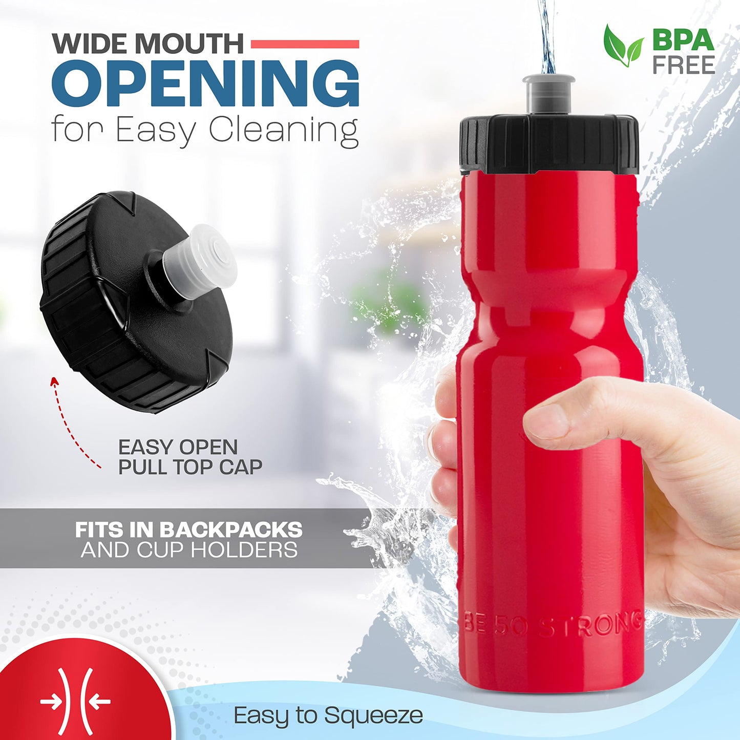50 Strong Bulk Water Bottles 24-Pack – 22 oz BPA-Free Sports Bottles with Easy-Open Pull Top Cap – Made in USA – Reusable & Top Rack Dishwasher Safe Brand
