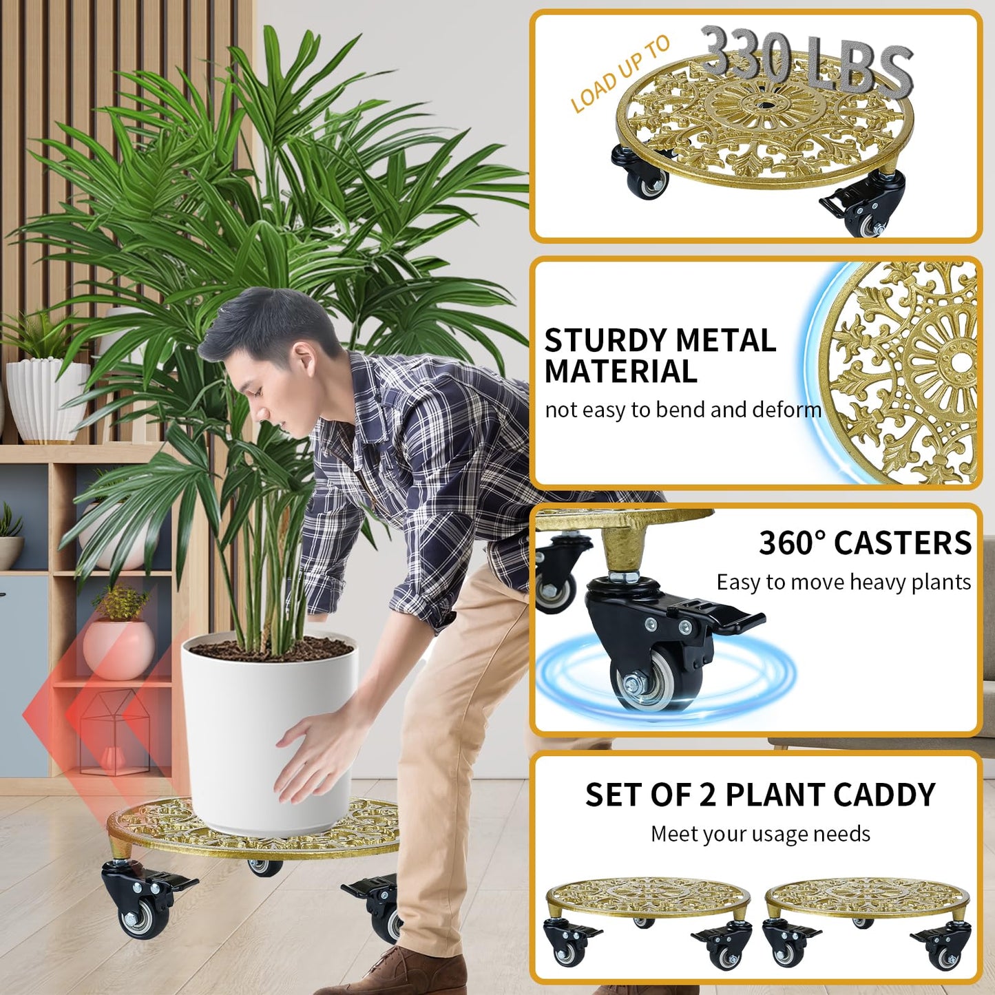 GARGENTOL 2 Pack 11 Inch Gold Metal Plant Caddy with Wheels, Round Rolling Plant Stand Heavy Duty Indoor Outdoor Planter Dolly, Plant Pot Mover for Large Flower Pots and Planters