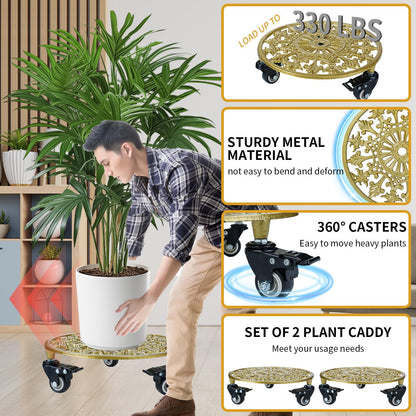 GARGENTOL 2 Pack 11 Inch Gold Metal Plant Caddy with Wheels, Round Rolling Plant Stand Heavy Duty Indoor Outdoor Planter Dolly, Plant Pot Mover for Large Flower Pots and Planters