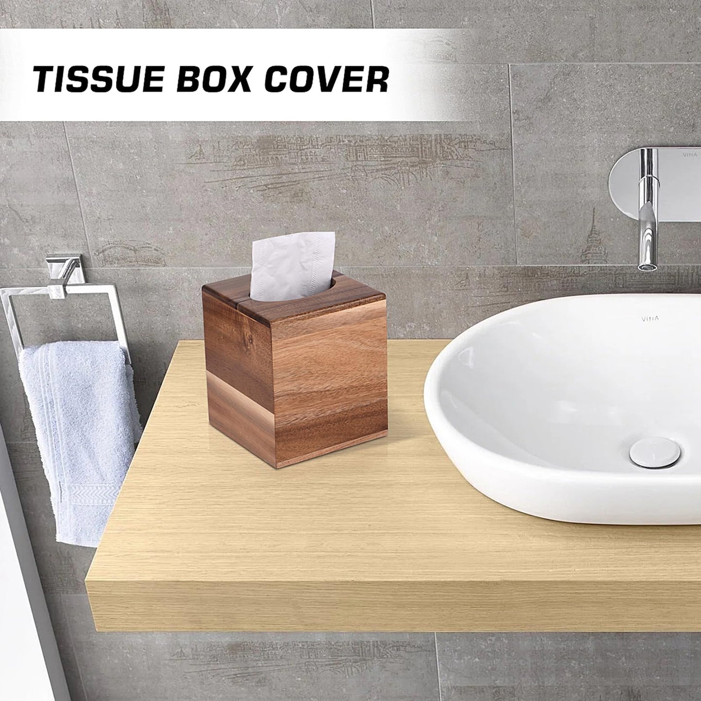 KYDIFS Tissue Box Cover Square, Acacia Wood Tissue Box Holder with Slide-Out Bottom, Wooden Tissue Box Cover Cube for Bathroom, Bedroom, Dinner Table, Office,Kitchen