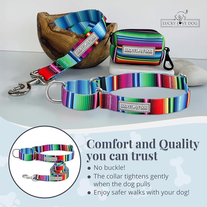 Lucky Love Dog Martingale Dog Collar & Leash - Adjustable, No-Slip, Durable, Comfortable, Soft Webbing, & Stylish Patterned Collar & Leash Set for Male and Female Dogs - Nacho Combo, Small