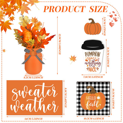 Jexine 18 Pcs Fall Mason Jar Table Centerpiece for Dining Room Mason Jar Vases Faux Floral Maple Leaves Pumpkins with Rope Wood Sign Farmhouse Tray Decor for Fall Wedding Kitchen Living Room