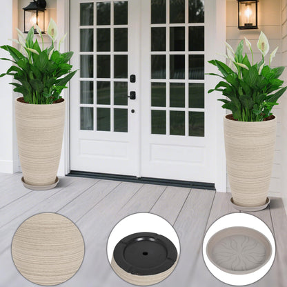 Neoaider Set of 2 Tall Planter, 21 inch Large Plastic Planter with Drain Hole & Saucers, Large Outdoor Planters for Porch, Garden, Patio, Balcony(Oat Color)