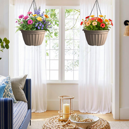 FGstyle 6 Pack Hanging Planters 8 Inch,Self Watering Pots for Indoor Plants,Plastic Hanging Basket with Soil Elevator and 20" Chain for Home Garden Porch Balcony Patio Decor(Beige)