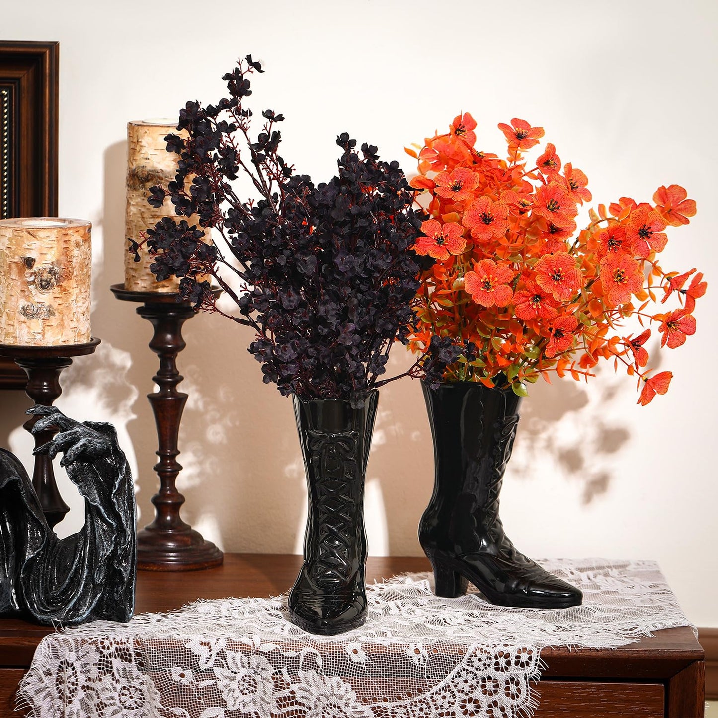 Ninehaoou 1 Pairs Halloween Flower Vase 7.1 Inch Witch Boot Vase Black Ceramic Gothic Planter Halloween Table Centerpieces for Indoor Outdoor Home Office Decor