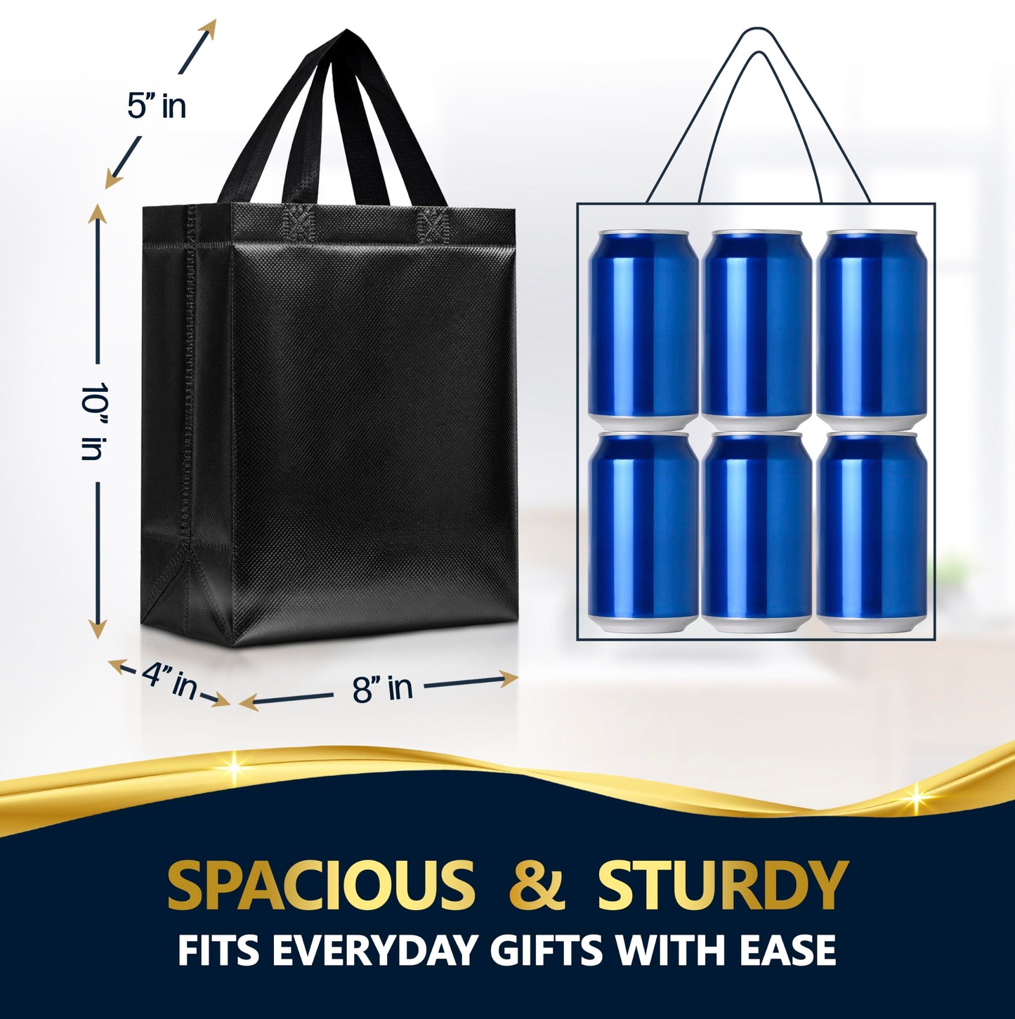 Nush Nush Black Gift Bags Medium Size – Set of 12 Shiny Black Reusable Gift Bag With Handles - Ideal as Halloween Goodie Bags, for Christmas, Birthday Party Favors – 8Wx4Dx10H Size