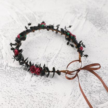 KorViSHOW Flower Crowns for Women Girls - Black Handmade Renaissance Wreath Garland Bridal Wedding Cosplay DIY Halloween Maternity Shoot Vacation Photography Props Shower Deep Red Rose