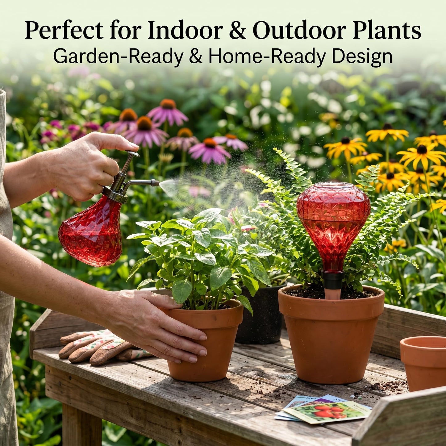 Glass Mini Watering Can Vintage Plant Mister Flower Water Spray Bottle and Faceted Glass Plant Watering Globe with Terracotta Spike,Red