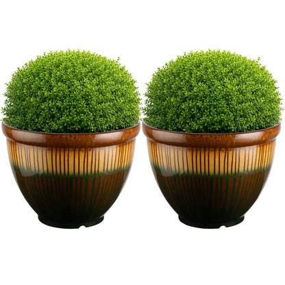 Plastic Plant Pot with Glazed Pottery Finish and Drainage - 13.7” Large Planters for Indoor Plants or Outdoor Garden - UV Resistant Decorative Flower Pot Faux Ceramic Planter by Pure Garden (Bronze)