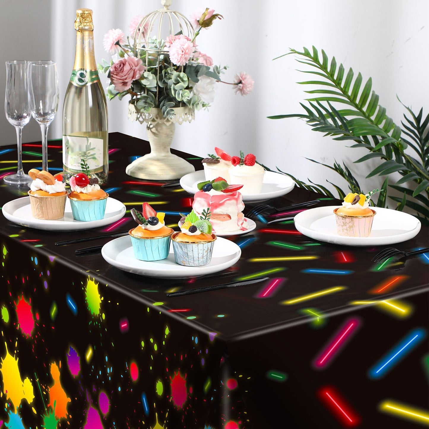 VitalCozy 6 Pcs 80s Neon Table Cloths for Parties Glow in The Dark Tablecloths 54 x 108 Inch Plastic Glow Party Table Covers for Halloween Birthday Black Light Party Supplies Decorations