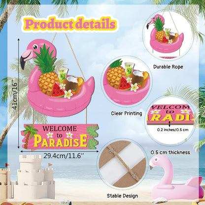 HOURIA Welcome to Paradise Door Sign(16”*11.4”), Pink Flamingo Hawaiian Summer Beach Wall Hanging Sign, Summer Coastal Tropical Fruit Coconut Tree Door Decor for Front Door Porch Pool Yard Beach Bar