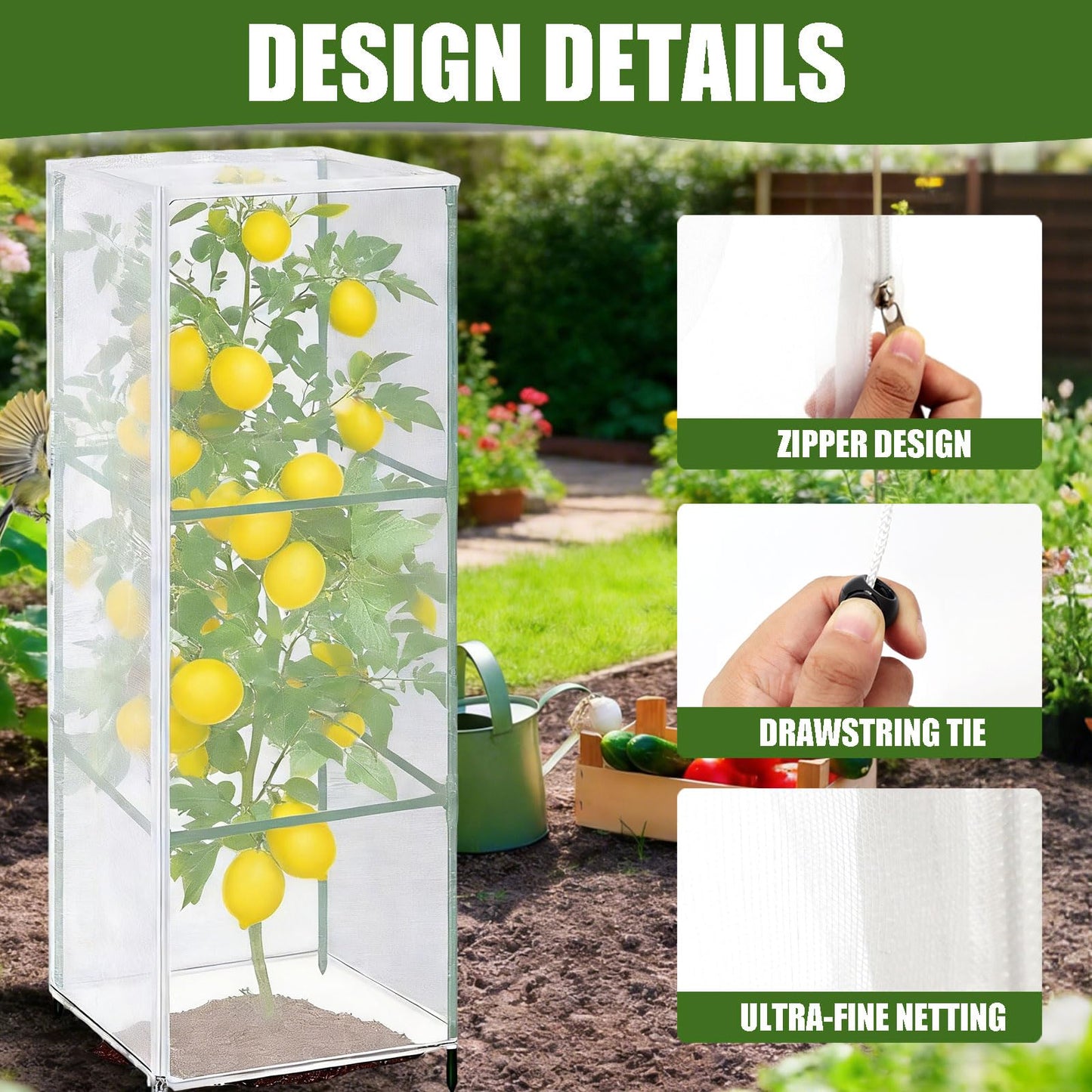Ukontagood 8 Pack Garden Bird Netting Plant Cover for Square Tomato Cage, 59" x 17.7" Garden Netting Barrier Mesh with Drawstring Ultra Fine Plant Cover for Protecting Plants