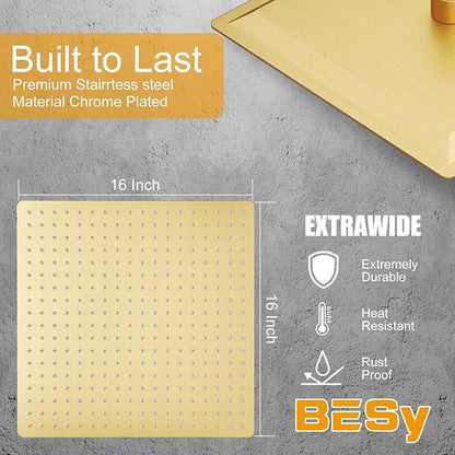 BESy 16 Inch Rain Shower Head, 16" Square Rainfall & High Pressure Stainless Steel Bath Showerhead, 1/16" Ultra Thin, Waterfall Full Body Coverage with Silicone Nozzle, Brushed Gold
