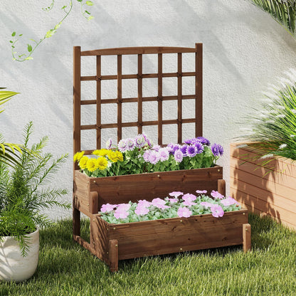 HAPPYGRILL Raised Garden Bed with Trellis, Drainage Holes, 2-Tier Wooden Elevated Planter Box w/Legs for Climbing Plants Vine Flower Herb Vegetable Fruit, Outdoor Garden Box for Patio Balcony