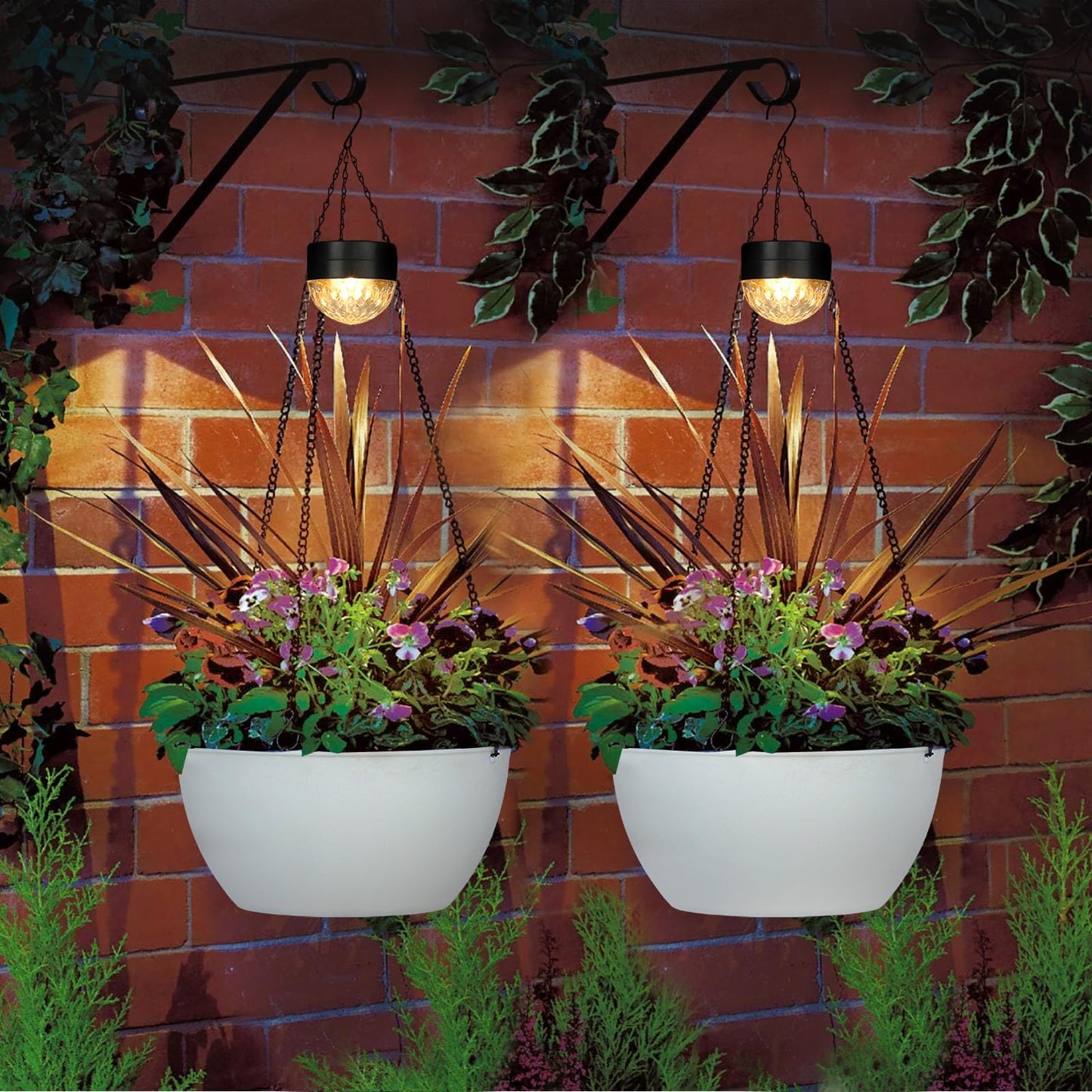 SUNNYPARK 2 Packs Hanging Planters Basket for Outdoor Plants, Solar Powered Self Watering White Round Plastic Flower Pots with Drainer for Balcony Patio Garden Outdoor Decoration